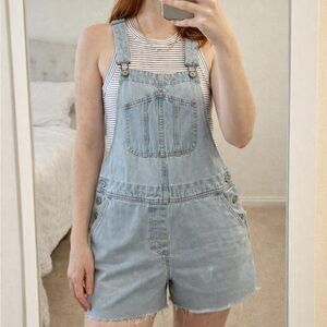 Old Navy Denim Overalls Women’s Small Slouchy Straight Cut Off Blue Jean Bleach